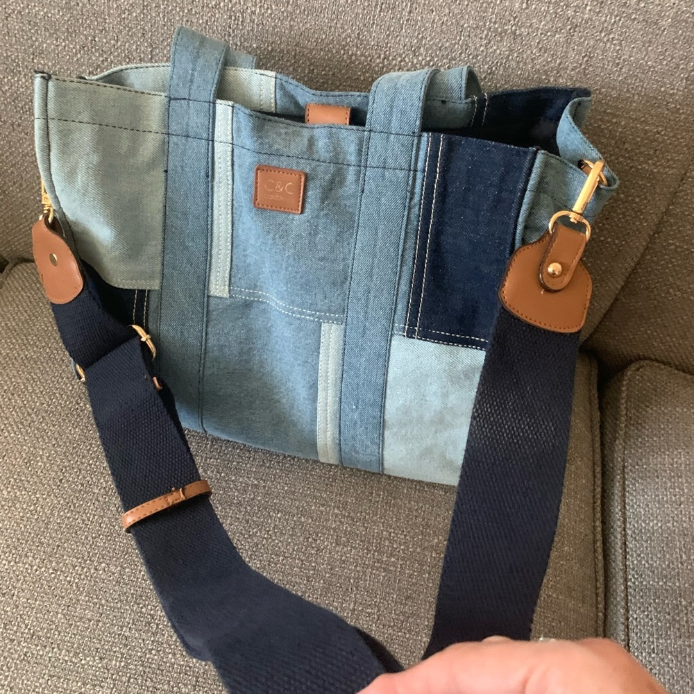C&C California Patchwork Denim Messenger Bag with Navy Strap and Tan Accents